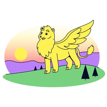 A majestic griffon with golden feathers and a lion-like body stands confidently on a grassy hilltop. The creature's wings are partially spread, showcasing its impressive wingspan. The first light of dawn casts a warm, soft glow over the landscape, illuminating the sky with shades of orange and pink. Below the hill, a gentle valley stretches out, with scattered trees silhouetted against the morning light. The griffon's sharp eyes gaze into the distance, adding a sense of watchfulness to the scene.