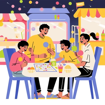 A family of four is gathered around a small table at a night market, engaged in playing games. The parents, a mother and father, are smiling while their two children, a boy and a girl, are focused on a board game with colorful pieces. Various snacks are spread out on the table, including brightly colored cotton candy, a bowl of popcorn, and cups of refreshing drinks. The background is filled with colorful lights and stalls selling food. Laughter can be seen in the expressions and joyful interactions of the family, creating a lively atmosphere.