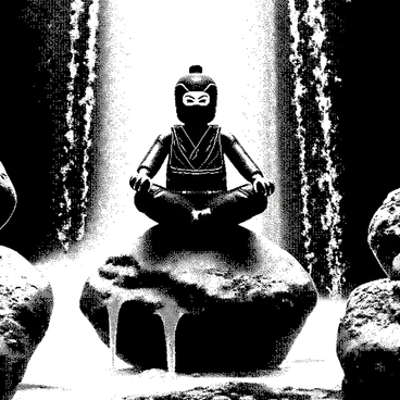A Ninjago character is sitting cross-legged on a large rock. The character has distinct features, including a mask and traditional ninja attire, with intricate details on the clothing. Waterfalls cascade down around the rock, creating a misty atmosphere. The water flows energetically, splashing against the rocks below. The surrounding area is filled with various plants, adding to the natural beauty of the scene. The character's eyes are closed, and they appear focused and calm in this serene setting.