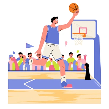 A cartoon-style illustration of a basketball player with a determined expression, wearing a bright blue jersey and white shorts. The player is mid-air, leaping above the hardwood court, with one arm extended upward, holding a vibrant orange basketball. The background features a cheering crowd with colorful banners and a scoreboard showing a close game score. The court has polished wooden floors, and the basketball hoop is visible in the background, with the net swaying from the force of the jump.