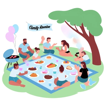 A large picnic blanket is spread out on the grass, covered with an array of colorful dishes, fruit platters, and drinks. Various family members are gathered around, showcasing a mix of ages from young children playing with a frisbee to grandparents sitting and chatting. Some adults are grilling food on a barbecue nearby, while others are serving food onto plates. In the background, trees provide shade, and vibrant balloons are tied to the picnic setup. A "Family Reunion" banner in a cheerful font is hanging from a nearby tree branch.