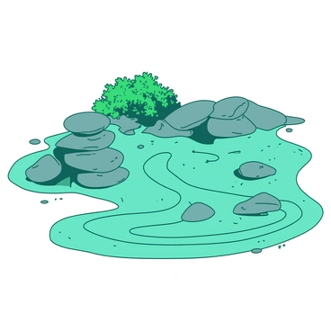 A teal zen garden features an array of carefully arranged gray stones scattered throughout. The sand is raked in intricate, spiraling patterns that create a sense of order and tranquility. In the background, there are a few neatly trimmed green shrubs. The overall composition emphasizes the harmony between the stones and the raked sand, reflecting a peaceful atmosphere.