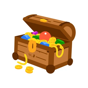 A wooden treasure chest on an old pirate ship, partially open to reveal a shiny "dragon ball" nestled among a pile of colorful jewels and gold coins. The chest has intricate carvings on its surface and is surrounded by ropes and weathered wood from the ship. The jewels are in various shapes and colors, shimmering under light. A few strands of gold coins are spilling out of the chest, adding to the treasure's allure.