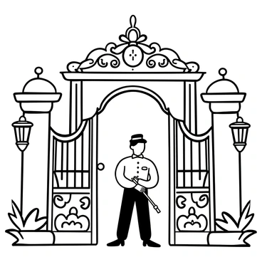 A servant dressed in a formal uniform stands at the entrance of an opulent palace. The gates are adorned with intricate designs and filigree, showcasing the grandeur of the architecture. The palace is large, featuring tall columns and elaborate carvings. The servant holds a polished silver staff, standing attentively with a straight posture. Lush greenery surrounds the entrance, and ornate lanterns hang on either side of the gates, emphasizing the luxurious atmosphere.