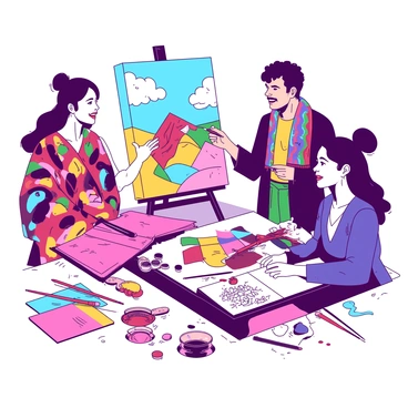 A scene featuring several artists representing different cultures in a vibrant studio space. One artist, dressed in a colorful traditional outfit, is painting a large canvas using bold patterns and bright colors. Another artist, wearing a modern outfit, is sketching intricate designs in a notebook with a fine pencil. Nearby, an artist with a beautiful scarf is demonstrating a unique calligraphy technique using a brush and ink. The studio is filled with various art supplies, including brushes, paints, and papers scattered around. The artists are animatedly discussing their techniques, showcasing the blending of "traditional" and "modern" elements in their illustrations, creating an atmosphere of collaboration and creativity.