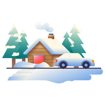 A car covered in snow parked at a cozy mountain cabin