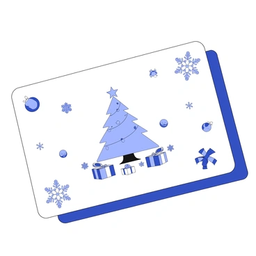 A metro card is displayed prominently. The card features a festive design that includes various seasonal decorations and symbols. There are images of snowflakes scattered across the surface, along with ornate ornaments hanging at the edges. In the center of the card, there is a stylized depiction of a holiday tree adorned with lights and a star on top. Surrounding the tree, there are wrapped gifts and holiday motifs that evoke a sense of celebration. The card is held against a neutral background to highlight its intricate details.