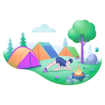 A person performing knee push-ups on a grassy area at a campsite. They are wearing athletic clothing and are focused on their exercise. Surrounding them are several colorful tents in various sizes, indicating a lively camping atmosphere. Tall trees provide shade in the background, and there are scattered rocks and patches of wildflowers nearby, enhancing the natural setting. A small campfire with glowing embers is visible to one side, adding to the campsite ambiance.