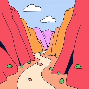 A narrow hiking trail winding through towering red rock canyons. The steep canyon walls display rich red and orange hues, creating a dramatic backdrop. The trail is outlined with small stones and patches of green vegetation. Above, the sky is clear and blue, with a few soft, fluffy white clouds. Sunlight casts shadows along the trail, highlighting the textures of the rocks.