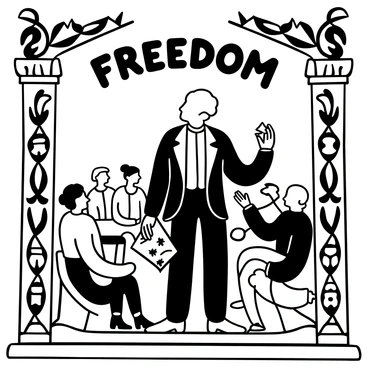 A large mural depicting "Frederick Douglass" in a dynamic pose, with a quill in one hand and a scroll in the other. The background features a stylized representation of a historical gathering with figures listening attentively. Surrounding the mural are ornate decorative elements, such as vines and stars, enhancing the historical context. "Freedom" is inscribed prominently above him in bold lettering, while various scenes of abolition and advocacy are subtly integrated into the border of the mural.