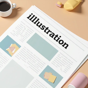 A close-up view of a newspaper lying on a wooden table. The newspaper has a bold, eye-catching headline that reads "illustration" in large, striking font at the top of the first page. The background features subtle shadows cast by surrounding items, enhancing the focus on the newspaper. The paper has crisp, clean edges and shows detailed text and images in the body of the article below the headline.