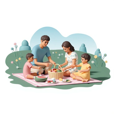 A family of four is sitting on a checkered picnic blanket in a vibrant green meadow. The father is wearing a blue t-shirt and khaki shorts, while the mother is dressed in a light floral dress. The two children, a boy in a red t-shirt and a girl in a yellow sundress, are playfully reaching for sandwiches and fruit from a picnic basket. A variety of food items, including a large watermelon, colorful salads, and snacks, are spread out on the blanket. In the background, there are wildflowers and a few trees under a clear blue sky.