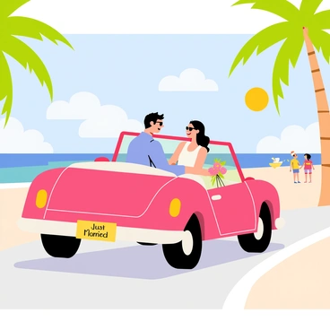 A couple is happily driving in a convertible car with a sign that says "Just Married" attached to the back. The car is bright red with a white interior. The man is wearing sunglasses and a light blue shirt, while the woman is wearing a white dress with a floral bouquet in her lap. The beachside road is lined with palm trees swaying in the gentle breeze. The sun is shining brightly in a clear blue sky, and the sandy beach can be seen in the background with people enjoying the sun and surf.