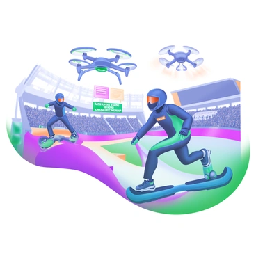 A dynamic scene depicting athletes competing in a high-tech sport using hoverboards and drones. The hoverboards are sleek and futuristic, colored in vibrant shades of blue and green. Athletes are shown in various action poses, wearing advanced gear with helmets and visors equipped with displays. Drones hover above, capturing the competition, with colorful lights blinking. The background features a stadium filled with an enthusiastic crowd, and banners displaying the words "High-Tech Sports Championship." The atmosphere is electric with excitement as athletes maneuver skillfully while aerial drones zoom around them.