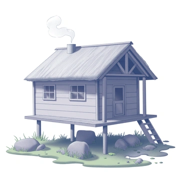 A cozy hut built on stilts over a bog. The structure features a thatched roof with wooden beams supporting it. Smoke gently rises from the chimney, creating a soft plume in the air. The hut has small, square windows with wooden frames that reflect the surroundings. Below, the bog is filled with various aquatic plants and moss, creating a lush green landscape. The stilts are sturdy and elevate the hut above the water, providing a sense of safety and warmth.
