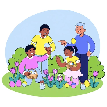 A family joyfully participating in an Easter egg hunt in a garden