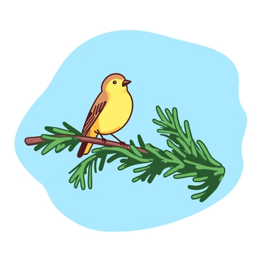 A small yellow bird with a slender body is perched on a green pine branch. The bird's feathers are detailed with subtle variations in color, showcasing its delicate features. The pine branch is adorned with vibrant green needles, and the background features a clear blue sky. Soft sunlight casts gentle shadows on the branch, highlighting the bird's position against the backdrop of the sky.