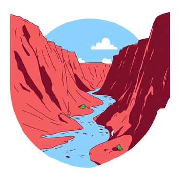 A red canyon with steep, rugged cliffs that stretch up towards a clear blue sky. At the bottom of the canyon, a winding river flows gracefully, reflecting sunlight as it meanders through the rocky terrain. The river's banks are dotted with patches of green vegetation, contrasting against the rich earthy tones of the canyon walls. In the distance, the canyon narrows, creating a sense of depth and scale.