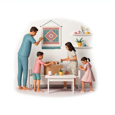 An immigrant family decorating their new home with items from their homeland