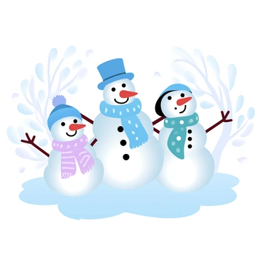 A family of snowmen is standing proudly in a front yard. Each snowman is adorned with a different hat; one is wearing a top hat, another has a beanie, and a third sports a sun hat. They are all wrapped in colorful scarves, with contrasting patterns such as stripes and polka dots. The front yard is covered in a blanket of freshly fallen snow, and a few snowflakes are gently falling around them. In the background, there are leafless trees dusted with snow, completing the winter scene.