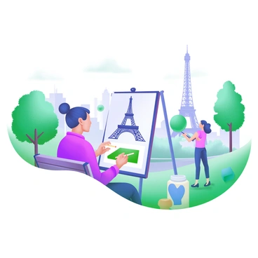 An artist sitting on a park bench, intently sketching the skyline of Paris. The focus of the sketch is "the Eiffel Tower," depicted prominently in the foreground. The artist holds a pencil in one hand and a sketchbook resting on their lap. Surrounding the scene are lush green trees and a few spectators watching the artist's work. In the background, the Parisian skyline features other iconic buildings, with soft, pastel colors creating a serene atmosphere.