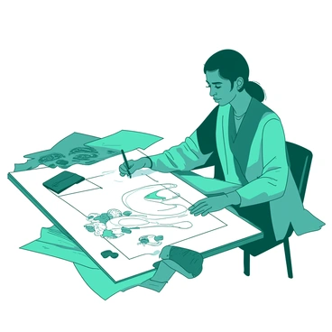 A teal designer is sitting at a large white drafting table, intently sketching a new kaftan design on a sheet of white paper. Scattered around the designer are various fabric swatches in different patterns and textures, showcasing vibrant colors. The designer’s focused expression conveys creativity as they hold a sketch pencil in one hand. The kaftan design features flowing lines and intricate details, hinting at elegance and style. There is a soft light illuminating the workspace, enhancing the colors of the fabric swatches.