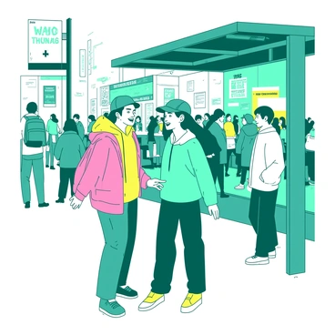 A teal group of friends is standing closely together at a bus stop, engaged in casual conversation. One friend is laughing, showing a bright smile, while another is pointing towards something off in the distance. The bus stop is surrounded by a white urban setting filled with people and various colorful advertisements. Several people can be seen waiting for their buses or moving about in the background, contributing to the bustling atmosphere. Each friend has their own distinct style, with one wearing a yellow jacket, another in a pink hoodie, and a third sporting a blue cap. The scene captures a lively moment of friendship and anticipation.