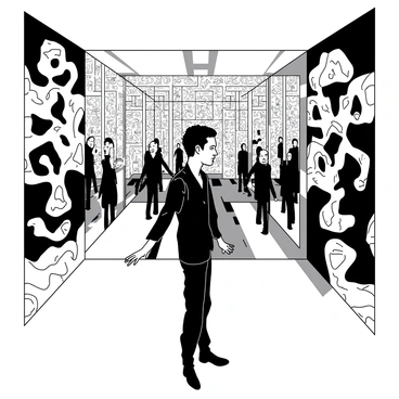 A room with walls entirely covered in mirrors, creating a repeating illusion of reflections. In the center of the room stands a solitary figure, dressed in a dark outfit, with their arms slightly extended. The person's face is clearly visible, looking directly at their own reflection in one of the many mirrors. The reflections create an effect of endless images surrounding the figure, with a focus on the individual's expression of contemplation. The floor is smooth and polished, reflecting additional images and enhancing the visual depth of the scene.