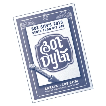 A vintage concert poster featuring an advertisement for a "Bob Dylan" show. The poster includes bold, eye-catching typography prominently displaying the name "Bob Dylan." The design features decorative borders and artistic details typical of retro concert posters. There are additional text elements indicating the date and location of the concert, arranged in a visually engaging layout. The background includes stylized illustrations of musical instruments, such as a guitar and a microphone, enhancing the concert theme.