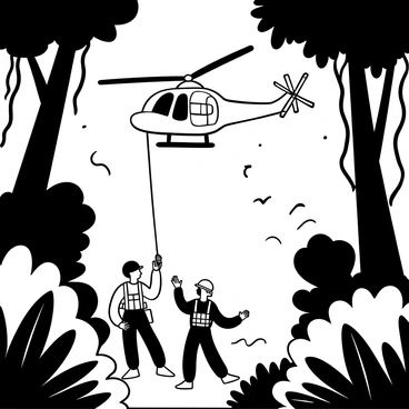 A military helicopter hovering above a dense jungle, with its rotor blades creating a dynamic movement. Below, a team of two soldiers is being lowered on ropes, equipped with tactical gear. Lush foliage surrounds the area, with tall trees and thick vines creating a canopy. In the background, scattered rays of light penetrate through the leaves. The scene conveys a sense of urgency, with the helicopter's spotlight illuminating a specific area on the ground where an individual is located.