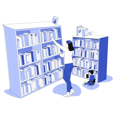 A student is standing in a library, browsing through tall shelves filled with various books. The student is reaching for a book on a higher shelf, stretching slightly on their tiptoes. The shelves are lined with books of different sizes, some with visible titles while others are neatly stacked. The library has a warm atmosphere, with soft lighting illuminating the aisles. In the background, there are a few study tables with chairs and other students engaged in reading or studying. The floor is covered with a patterned carpet that adds to the cozy ambiance.