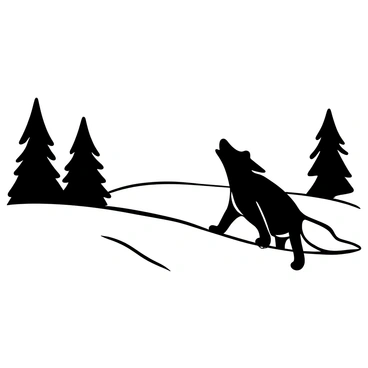 A wolf standing on a snow-covered hill, its body tilted slightly upwards as it howls. The landscape is filled with a thick layer of snow, glistening under the light. In the background, several tall pine trees are visible, their branches heavy with snow. The sky is filled with a sense of stillness, adding to the overall winter atmosphere.