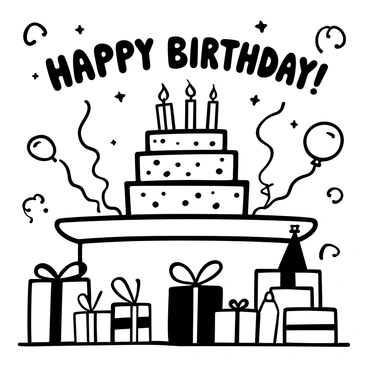 A large birthday cake with multiple layers and lit candles on top. The cake is adorned with various decorative elements such as swirls and stars. Surrounding the cake is a festive table set with tableware including plates and cups. There are small gift boxes placed on the table, along with streamers and balloons scattered throughout the scene. Words "Happy Birthday" are displayed prominently above the cake.