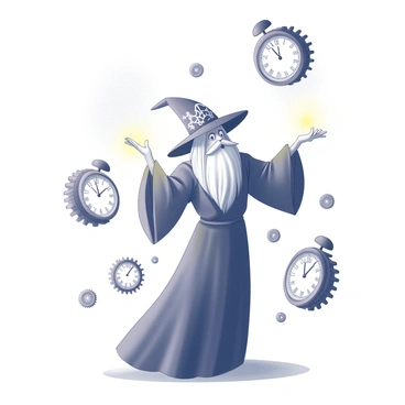A wizard with a long, flowing robe is standing in a dynamic pose while casting a spell. His arms are raised, and his hands are glowing with magical energy. Surrounding him are several swirling clock faces and intricate gears, all in motion. The clock faces display varying times, and the gears interlock with each other, creating a sense of movement and enchantment. The wizard has a long beard and wears a tall, pointed hat adorned with mystical symbols. The atmosphere captures the essence of time manipulation and magic, with elements reflecting the theme of time.