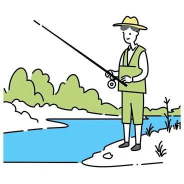 An angler, wearing a green fishing vest and a wide-brimmed hat, is standing on a riverbank. He is focused on adjusting the bait on a fishing rod he holds in his hands. The fishing rod is sleek and elongated, with a shiny reel. The river flows gently beside him, reflecting the clear blue sky. Lush green grass and small pebbles cover the bank where he stands, and a few wildflowers are scattered nearby. In the background, trees line the riverbank, their leaves rustling softly in the breeze.