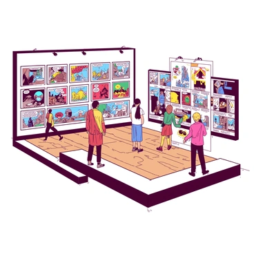 A gallery room with walls covered in panels from comic books and graphic novels. Each panel showcases vibrant illustrations and dynamic scenes, creating a rich visual narrative across the walls. The panels are arranged in a grid-like pattern, with some edged in black frames, while others are mounted directly onto the walls. The gallery floor is polished wood, reflecting the colors of the panels, and there are small spotlights above each panel, illuminating the artwork with focused light. A few visitors are standing and observing the panels, immersing themselves in the stories depicted.