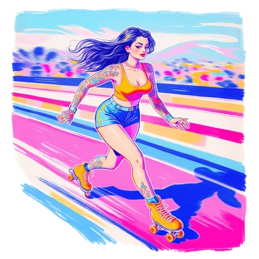 A curvy pin-up girl is captured in motion as she skates on a smooth surface. She has long flowing hair that moves with the speed of her skating. Her outfit is a vibrant fitted top and high-waisted shorts that accentuate her figure. Bold tattoos are visible on her arms and legs, showcasing intricate designs. Her roller skates are colorful and have shiny wheels. In the background, a blurred landscape indicates her fast speed, with streaks of color suggesting movement.