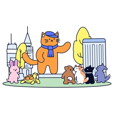 A cartoon cat tour guide with a cheerful expression is standing on a small platform. The cat has bright orange fur and wears a blue cap and a matching scarf. It is raising one paw to point at various landmarks in the background. In front of the cat, there is a diverse group of animal tourists, including a curious rabbit, a shy turtle, and an enthusiastic dog, all looking up attentively. The landmarks are simple, colorful outlines of a tall building, a large tree, and a fountain, adding interest to the scene. The ground is depicted with a light green grass texture.