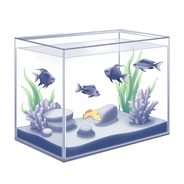 A fish tank filled with various tropical fish swimming gracefully. The fish exhibit different shapes and sizes, showcasing their vibrant features. Inside the tank, there are decorative plants with lush green leaves, creating a natural environment for the fish. The tank is rectangular in shape, made of clear glass to allow for a full view of the aquatic life. The water is clear, highlighting the movements of the fish and the details of the plants.