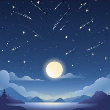 A vast night sky filled with a multitude of shooting stars streaking across the dark canvas. Each shooting star leaves a sparkling trail of light in its wake. In the center of the scene, a large, glowing moon casts a soft, silvery light over the landscape below. The moon is surrounded by a halo of faint clouds and twinkling stars, adding to the enchanting atmosphere. The ground below is partially illuminated by the moonlight, revealing silhouettes of distant mountains and trees. The overall composition creates a sense of wonder and tranquility.