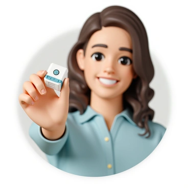 A close-up of a woman with wavy brown hair, wearing a light blue shirt and subtle makeup. She is holding a small, sleek personal safety alarm in her right hand, displaying it confidently. Her expression shows a smile of assurance, with her eyes bright and relaxed. Soft light illuminates her face, emphasizing her features and the alarm in her hand. The background is softly blurred to focus attention on the woman and the device she is holding.