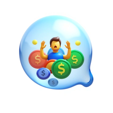 A large bubble filled with various "money symbols" is positioned prominently in the center of the image. The bubble is semi-transparent and reflects light, giving it a glossy appearance. Inside the bubble, there is a person wearing a surprised expression, their arms and legs outstretched as if they are bracing for impact. The background features a subtle gradient to emphasize the bubble, while the money symbols inside the bubble are vividly colored, creating a striking contrast with the bubble's surface. The scene conveys a sense of tension as the bubble appears to be "about to burst."
