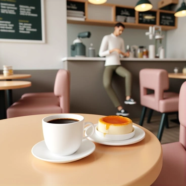A cozy coffee shop interior with wooden tables and warm lighting. There is a small round table featuring a white cup filled with rich, dark espresso, steam gently rising from it. Next to the cup, there is a perfectly caramelized crème brûlée, its golden, glossy top contrasting with the smooth, creamy interior. In the background, a chalkboard menu lists various coffee options, while a barista can be seen preparing drinks behind the counter. Soft seating areas are visible, inviting patrons to relax and enjoy their treats.