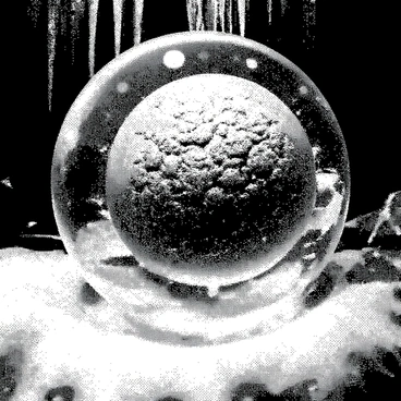 A dragon ball is encased in clear ice, showing intricate details of its surface. The ice has a reflective quality, capturing the surrounding light and creating a sparkling effect. The cavern is filled with shimmering walls and stalactites that glisten as if they are damp. The ground is uneven with ice formations scattered throughout, and the overall atmosphere is cool and crystalline. The dragon ball is positioned in the center, drawing the viewer's attention amidst the icy backdrop.