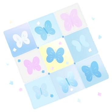 A vibrant patchwork quilt is spread out, with each patch showcasing a different butterfly design. The quilt features a variety of colors in a mix of gradient pastel shades, creating a harmonious visual effect. Each butterfly patch is unique, displaying various wing patterns and colors, from soft blues and pinks to gentle yellows and greens. The quilt is neatly stitched, with visible seams that enhance its handmade appearance. Scattered across the quilt are delicate floral motifs that complement the butterfly designs, adding to the overall charm of the composition.