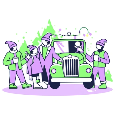 A group of truckers is gathered around a vintage truck parked on a snowy road. The truck has a bright front grille and shining headlights, showcasing its classic design. The truckers are wearing winter jackets and hats, holding steaming mugs of hot cocoa. Two of them are laughing, while another is stirring his drink. Snowflakes are gently falling around them, and in the background, there are evergreen trees dusted with snow. A string of colorful lights is draped across the truck, adding to the festive atmosphere of Christmas Eve.