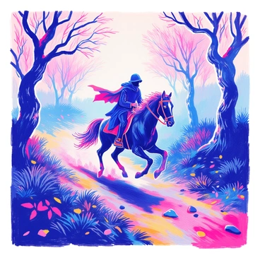A headless horseman is galloping through a dark landscape shrouded in thick fog. The horse is a large black stallion, its hooves pounding against the uneven ground. The rider appears to be cloaked in a tattered dark cape, billowing behind him as he rides. The fog swirls around, partially obscuring the gnarled trees in the background, which have twisted branches reaching out like skeletal hands. The ground is uneven, with patches of grass and small stones scattered throughout. The atmosphere is eerie, with a muted color palette that enhances the sense of mystery.