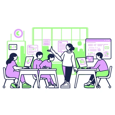 A modern classroom is filled with young students sitting at individual desks, each focused on their computers. The students are diverse, with various hairstyles and clothing styles. Some students are looking at the screens while others are typing on keyboards, deep in concentration. There are colorful posters related to coding and technology displayed on the walls. A teacher is standing at the front, pointing at a smart board that displays coding concepts and diagrams. Bright natural light streams in through large windows, highlighting the engaged atmosphere of learning.