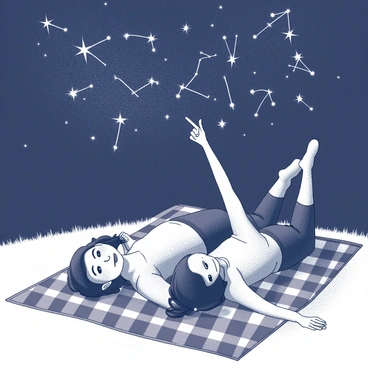 Two individuals are lying on a checkered blanket spread out on the grass. They are positioned side by side, with their heads resting on one arm while their other arms are lifted, pointing upwards towards the night sky. The sky is filled with numerous stars, clearly outlining various constellations. Each constellation is represented by distinct arrangements of stars, creating recognizable shapes. The expressions on their faces reflect wonder and excitement as they share their observations. The surrounding area is dark, emphasizing the brightness of the stars above.