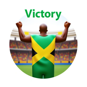 A figure resembling Usain Bolt, draped in the "Jamaican flag," with vibrant green, yellow, and black colors. The figure is in a dynamic pose, arms raised in triumph, exuding energy and excitement. The background features a blurred stadium filled with cheering fans, with a sense of movement and celebration. "Victory" is prominently displayed in bold letters above the figure.